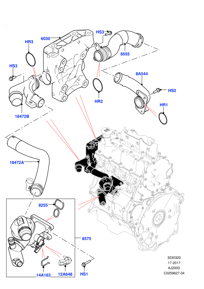 Thermostat/Housing & Related Parts (2.0L I4 DSL HIGH DOHC AJ200,2.0L I4 DSL MID DOHC AJ200,6 Speed Manual Trans BG6,6 Speed Manual Trans M66 - AWD,6 Speed Manual Trans-JLR M66 2WD,9 Speed Auto AWD,Halewood (UK))