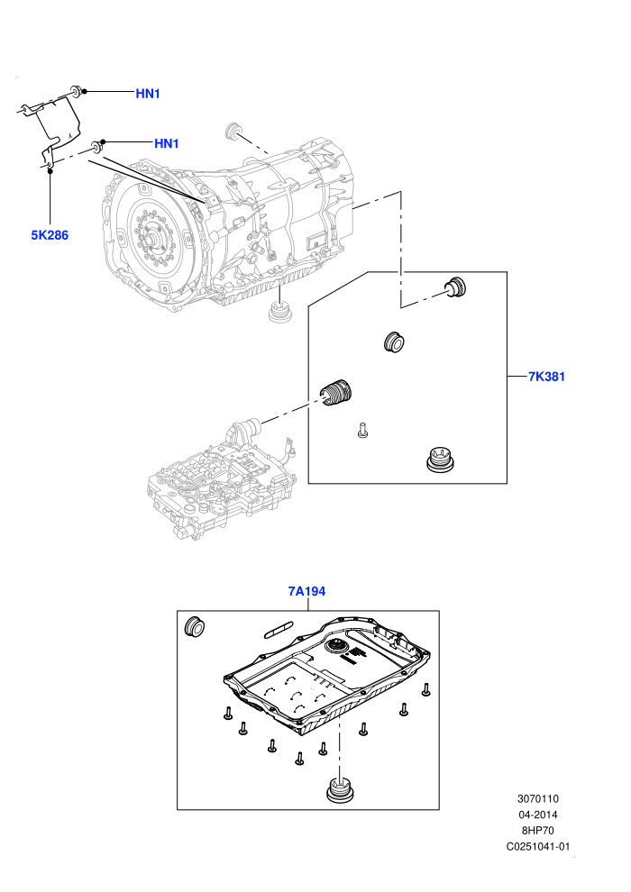 Transmission External Components (3.0 V6 D Gen2 Mono Turbo,3.0 V6 D Gen2 Twin Turbo,3.0 V6 Diesel Electric Hybrid Eng,8 Speed Auto Trans ZF 8HP70 HEV 4WD)((V)FROMEA000001)