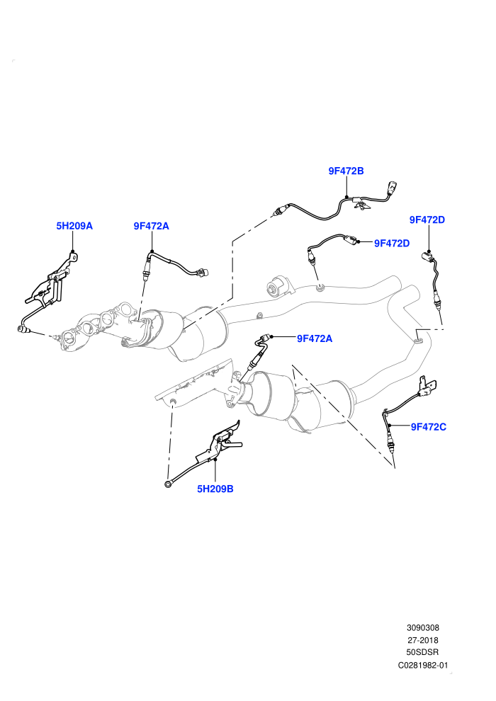 Exhaust Sensors And Modules (5.0 Litre supercharged enhanced,5.0 Petrol AJ133 DOHC CDA,Beijing 6 Petrol Emission,EU6C  Emission,EU6D - Final (Petrol) Emission)((V)FROMJA000001)