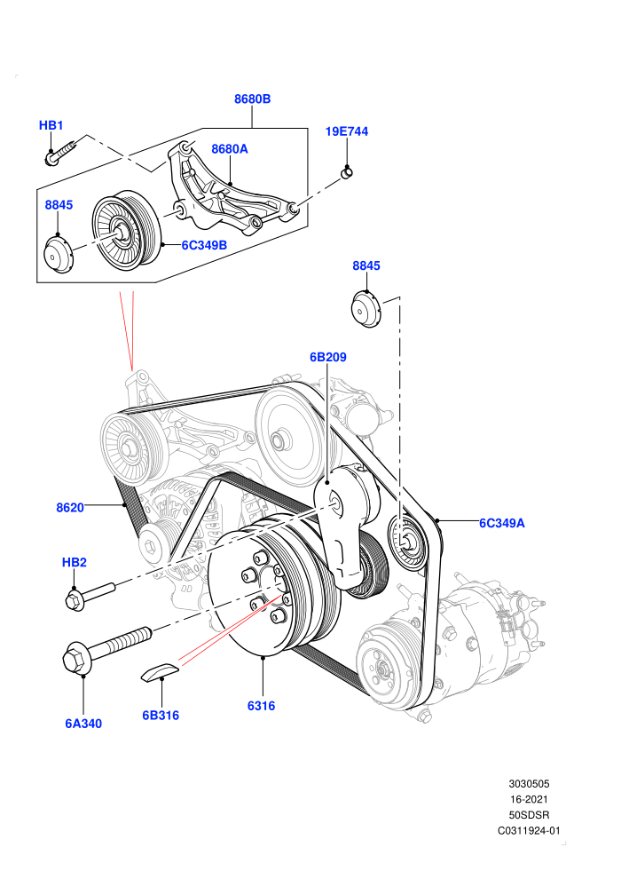 Pulleys And Drive Belts (5.0 Petrol AJ133 DOHC CDA)(Nitra Plant Build,Primary Drive)((V)FROMM2000001)