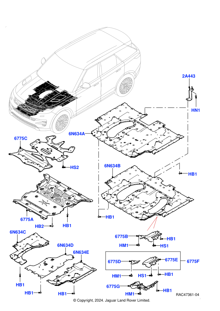Splash And Heat Shields (3.0L AJ20D6 Diesel High,3.0L AJ20P6 Petrol High,3.0L AJ20P6 Petrol PHEV,4.4 V8 Turbo Petrol (NC10))(Body,Front)