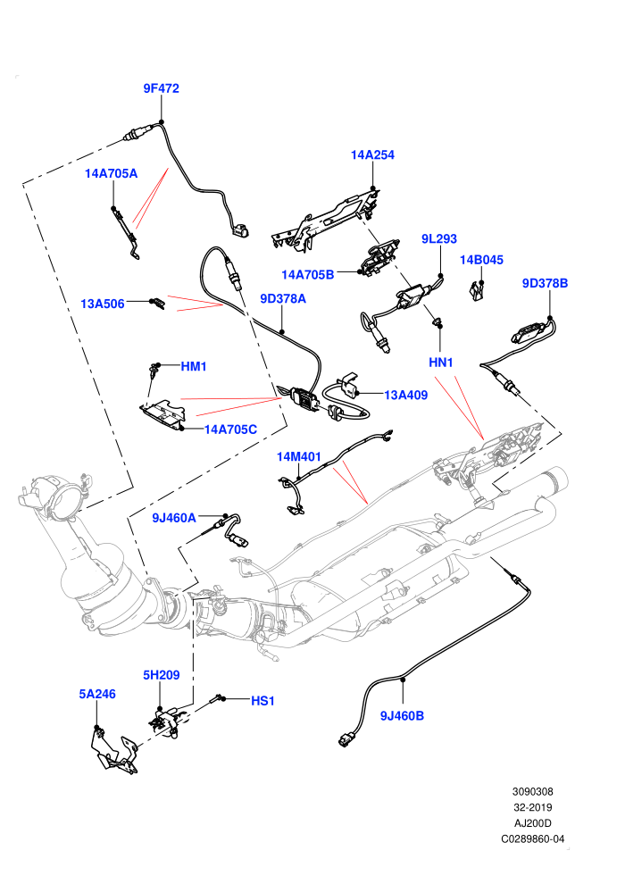 Exhaust Sensors And Modules (2.0L I4 DSL HIGH DOHC AJ200,2.0L I4 DSL MID DOHC AJ200,EU6D Diesel + DPF Emissions,Halewood (UK))((V)FROMKH000001)
