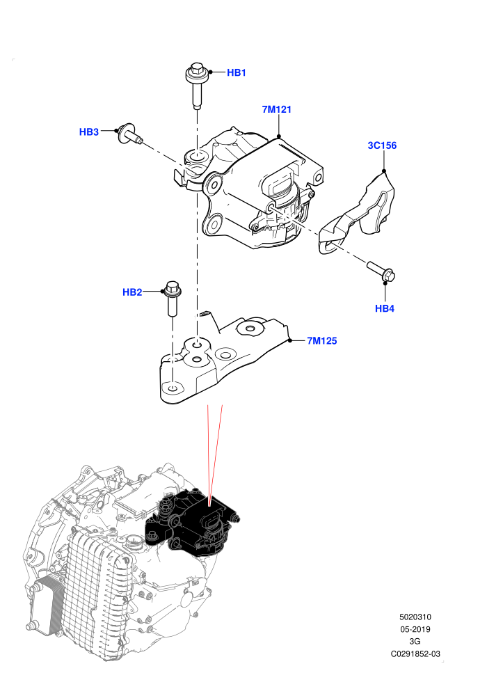 Transmission Mounting (2.0L AJ20P4 Petrol E100 PTA,2.0L AJ20P4 Petrol High PTA,2.0L AJ20P4 Petrol Mid PTA,9 Speed Auto Trans 9HP50,Halewood (UK))