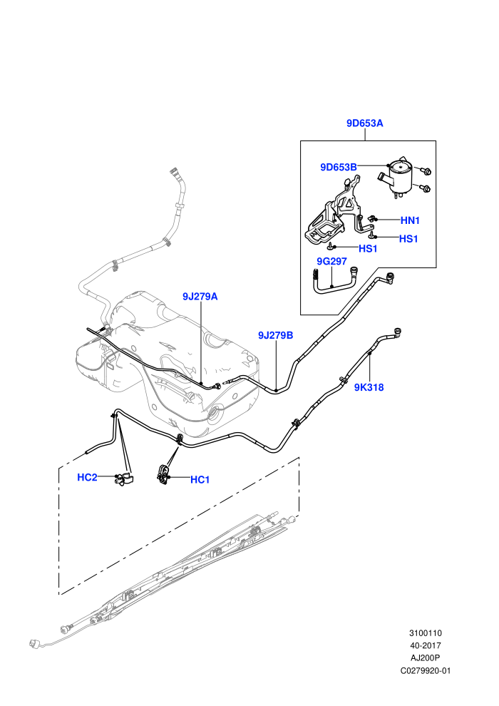 Fuel Lines ((-)CDN/MEX/USA,2.0L I4 High DOHC AJ200 Petrol,2.0L I4 Mid DOHC AJ200 Petrol,3 Door,5 Door,Fuel Tank Filler Neck - Unleaded)(Rear)((V)FROMJH000001)