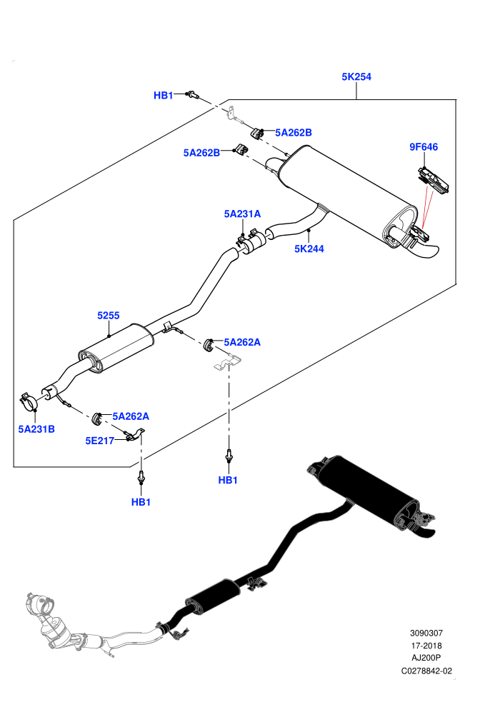Rear Exhaust System (2.0L I4 High DOHC AJ200 Petrol,2.0L I4 Mid DOHC AJ200 Petrol,3 Door,5 Door,Dual Exh Olet W/Squa Tail Pipe Garn,Halewood (UK))((V)FROMHH000001)