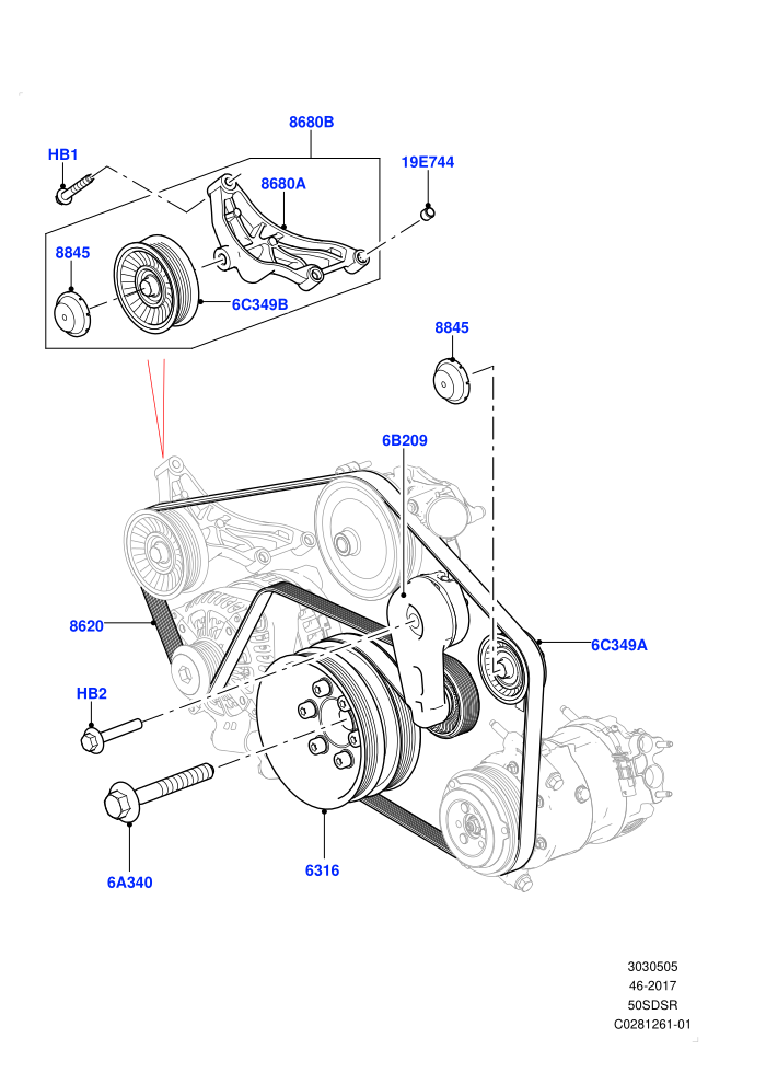 Pulleys And Drive Belts (5.0 Litre supercharged enhanced,5.0 Petrol AJ133 DOHC CDA,Less ACE Suspension)(Primary Drive)((V)TOJA999999 (V)FROMJA000001)