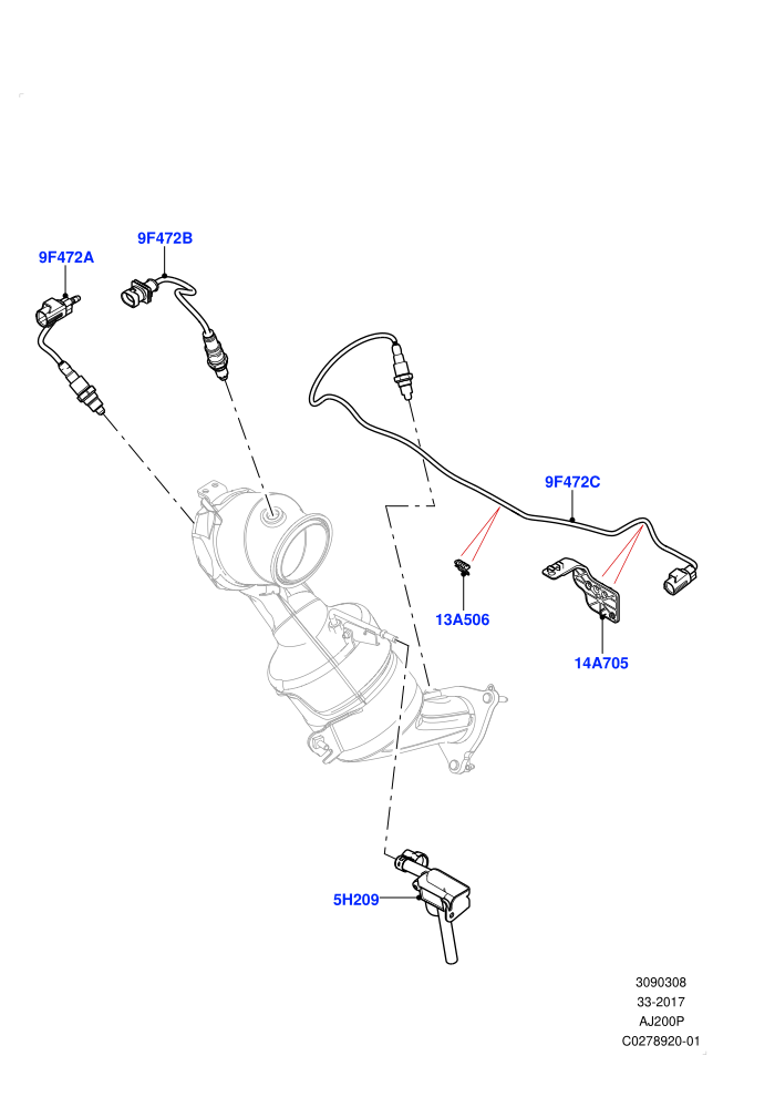 Exhaust Sensors And Modules (2.0L I4 High DOHC AJ200 Petrol,2.0L I4 Mid DOHC AJ200 Petrol,Beijing 6 Petrol Emission,EU6C  Emission,Halewood (UK))((V)FROMJH000001)