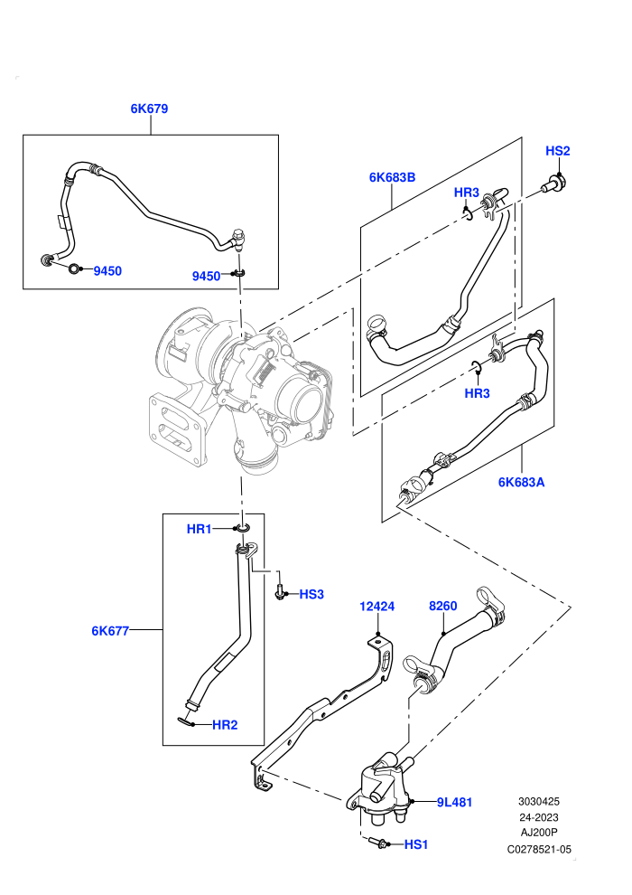 Turbocharger (2.0L I4 High DOHC AJ200 Petrol,2.0L I4 Mid AJ200 Petrol E100,2.0L I4 Mid DOHC AJ200 Petrol,Halewood (UK))(Lubrication And Cooling)((V)FROMJH000001)