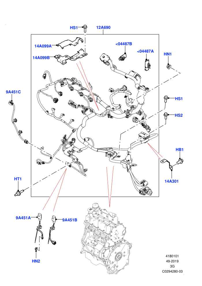 Engine Harness (2.0L AJ20D4 Diesel High PTA,2.0L AJ20D4 Diesel LF PTA,2.0L AJ20D4 Diesel Mid PTA,9 Speed Auto Trans 9HP50,Halewood (UK))